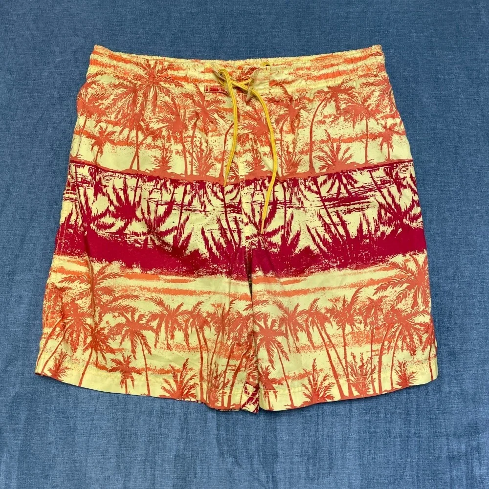 Nautica Swim Trunks Shorts Mens Large Yellow Red Palm Print Drawstring Waist